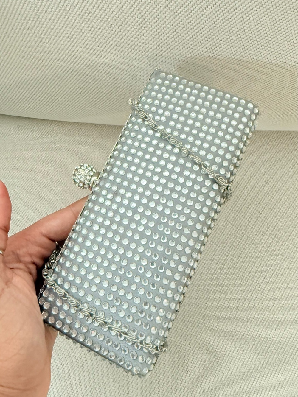 Accessorize Silver Grey Crystal Evening Box Clutch with long chain